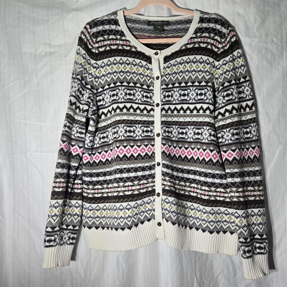 Eddie Bauer Womens Cardigan Sweater XL Fair Isle Pattern Knit